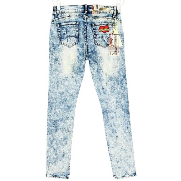 Rebel Love Women Distressed Patch Acid Wash Blue Skinny Stretch Jeans 13/14 NWT - Picture 2 of 12